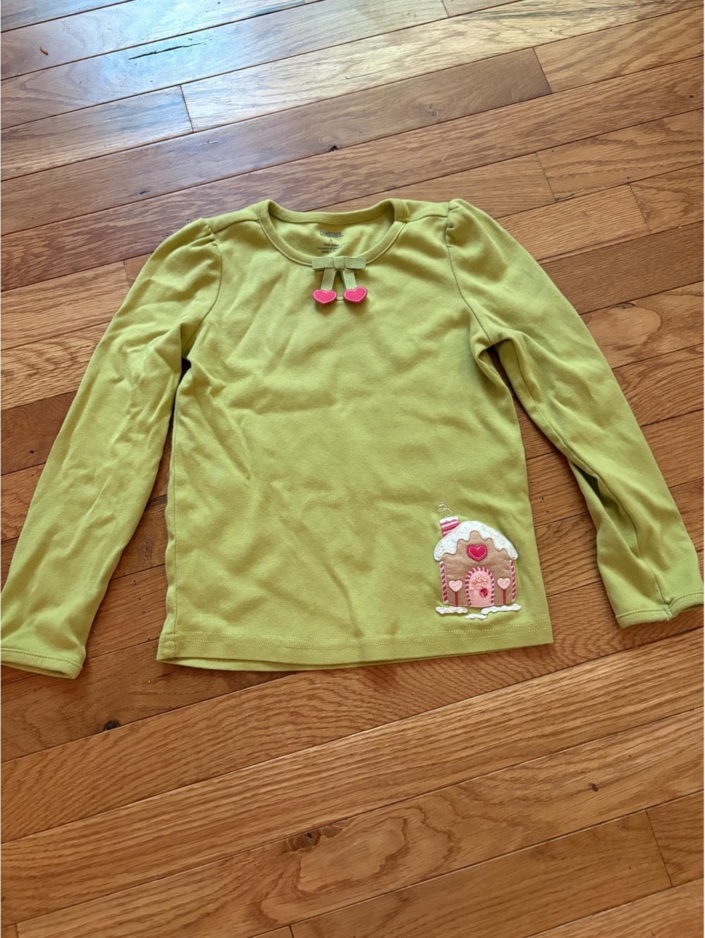 Gymboree Girls' Green Long Sleeve Cotton Shirt with Heart and Gingerbread House